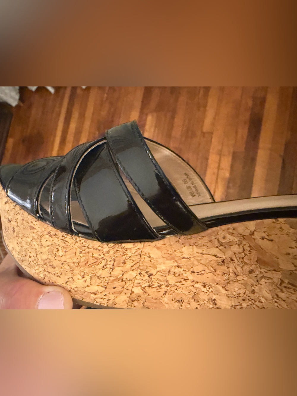 KATE SPADE Women’s Black Patent Cork Wedge slide Sandal 8.5 platform sexy! - Picture 3 of 17